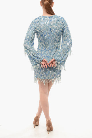 Sequined Dress with Beads and Lantern Sleeves