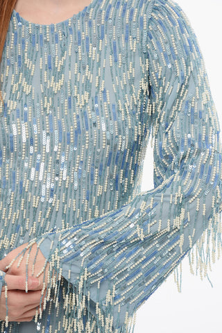 Sequined Dress with Beads and Lantern Sleeves