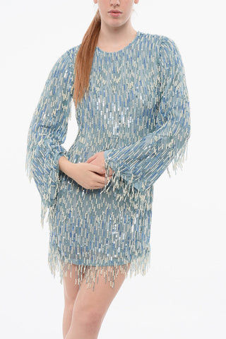 Sequined Dress with Beads and Lantern Sleeves