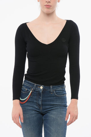 V-Neck Knit Top with Embroidered Logo