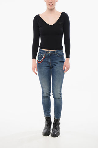 V-Neck Knit Top with Embroidered Logo