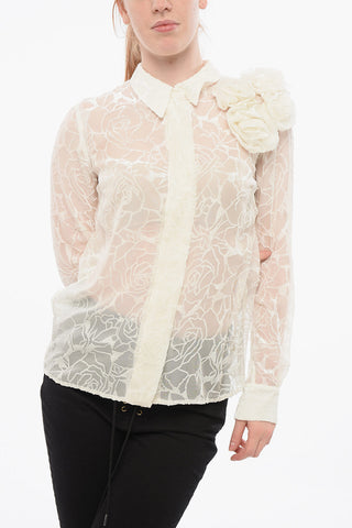 Flocked Mesh Blouse with Floral Motif