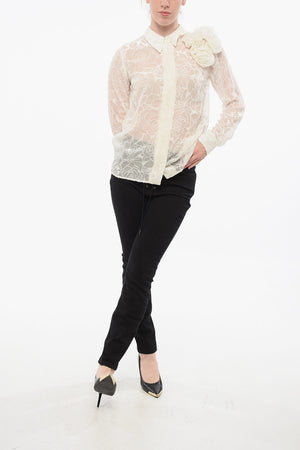 Flocked Mesh Blouse with Floral Motif