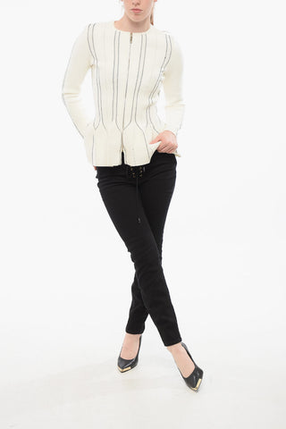 Crew Neck Peplo Sweater with Front Zip