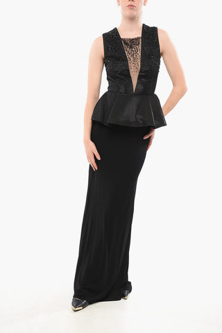 RED CARPET Vestito Peplo con Inserto See Through e Perline