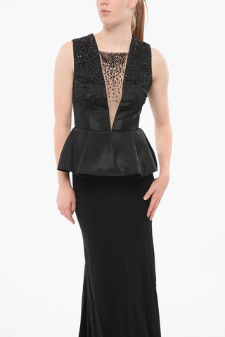 RED CARPET Vestito Peplo con Inserto See Through e Perline