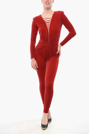 Velours-Jumpsuit mit Nieten und Schnürdetail