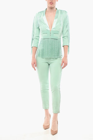 Tailleur-Jumpsuit mit Satinbesatz und Fransen