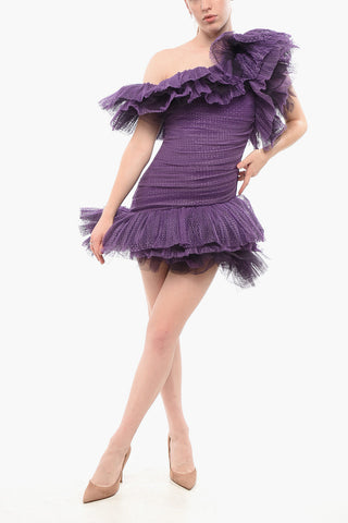 Ein-Schulter-Rüschenkleid aus gepunktetem Tüll