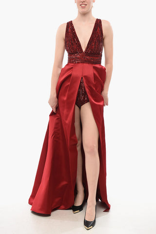 Satin-Kleid mit Maxi-Schlitz und Culotte