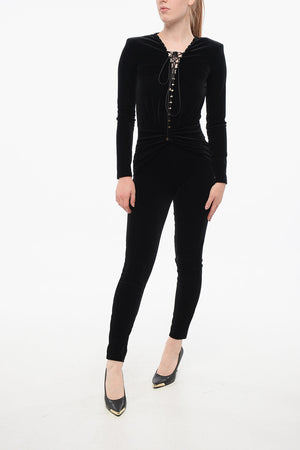 Velours-Jumpsuit mit Nieten und Schnürdetail