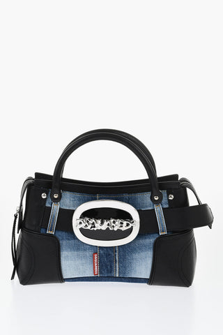 Leather and Denim Handbag with Oversized Metal Buckle