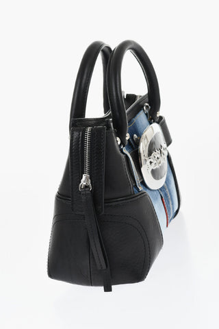 Leather and Denim Handbag with Oversized Metal Buckle