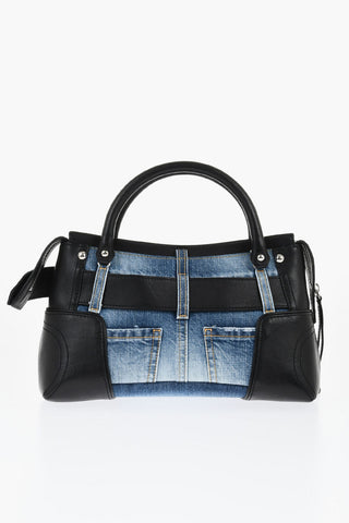 Leather and Denim Handbag with Oversized Metal Buckle