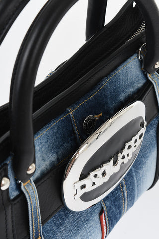 Leather and Denim Handbag with Oversized Metal Buckle