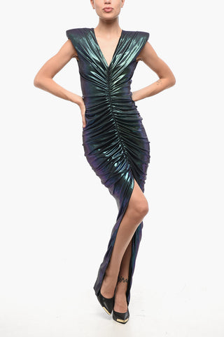 Long Draped Dress with Iridescent Effect and Front Slit