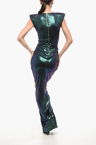 Long Draped Dress with Iridescent Effect and Front Slit