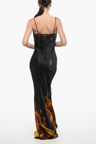 Long Satin Dress With Flame Print