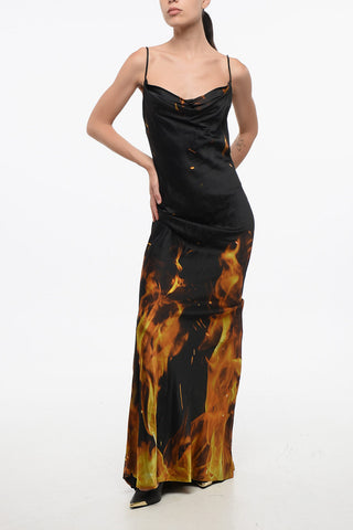 Long Satin Dress With Flame Print