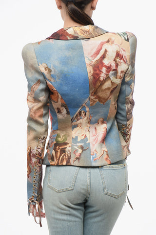 Single-Button Patterned Linen Jacket With Lace-Up Details