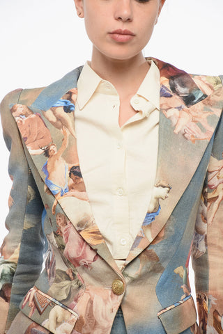 Single-Button Patterned Linen Jacket With Lace-Up Details