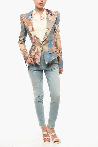 Single-Button Patterned Linen Jacket With Lace-Up Details