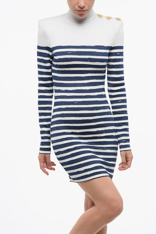 Two-Tone Striped Fitted Mini Dress with Gold Hearts