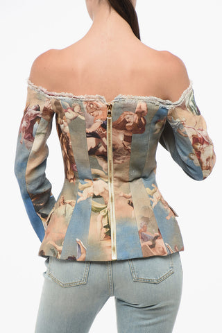 Patterned Linen Off-Shoulder Jacket