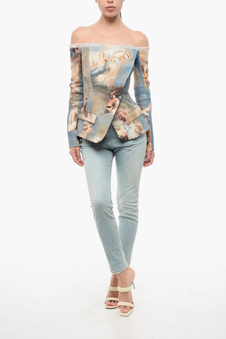 Patterned Linen Off-Shoulder Jacket
