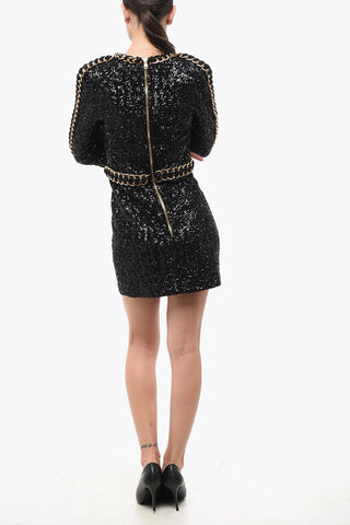 Long-Sleeve Mini Dress Embellished with Sequins and Gold Chain