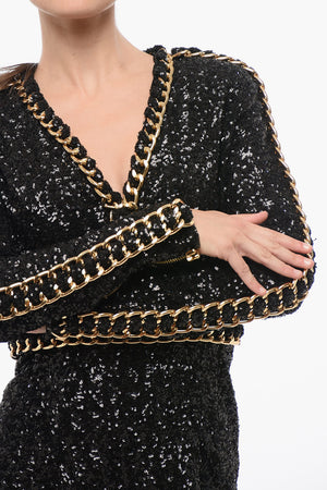 Long-Sleeve Mini Dress Embellished with Sequins and Gold Chain