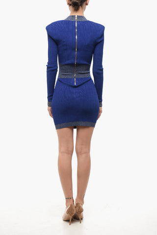 Ribbed Fitted Mini Dress with Gold Buttons and Lurex Details