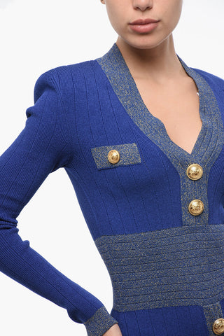 Ribbed Fitted Mini Dress with Gold Buttons and Lurex Details