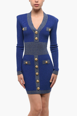 Ribbed Fitted Mini Dress with Gold Buttons and Lurex Details