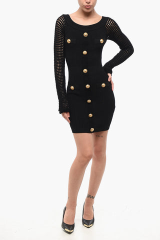 Ribbed Mini Dress with Perforated Sleeves and Decorative Buttons