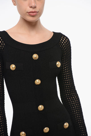 Ribbed Mini Dress with Perforated Sleeves and Decorative Buttons