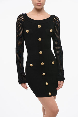 Ribbed Mini Dress with Perforated Sleeves and Decorative Buttons
