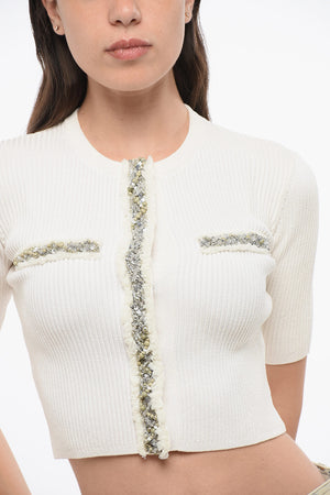 크롭 카디건 반팔 진주 및 스팽글 장식