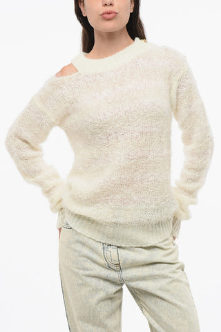 Wool Blend Crew-neck Sweater with Cut-Out Detail and Golden Buttons