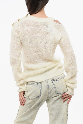 Wool Blend Crew-neck Sweater with Cut-Out Detail and Golden Buttons