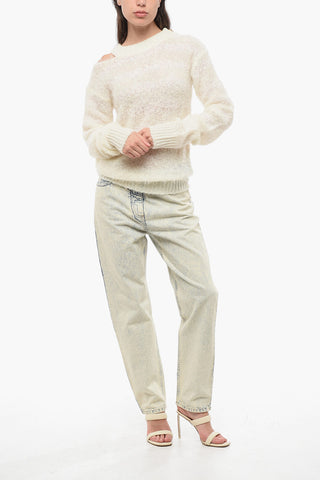 Wool Blend Crew-neck Sweater with Cut-Out Detail and Golden Buttons