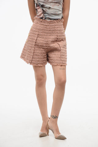 High-Waist Tweed Shorts with Decorative Buttons