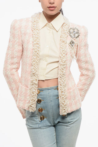 Giacca in Tweed Open Front Impreziosita da Perle Decorative e Gioielli