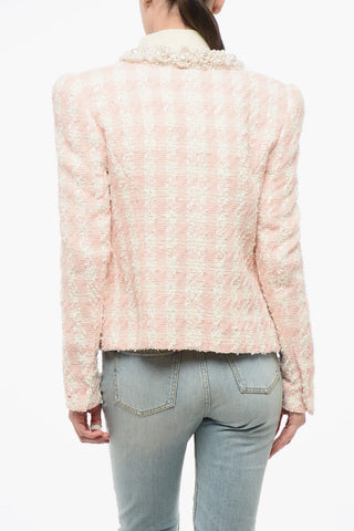 Giacca in Tweed Open Front Impreziosita da Perle Decorative e Gioielli