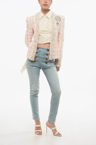 Giacca in Tweed Open Front Impreziosita da Perle Decorative e Gioielli
