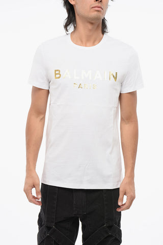 Solid Color Crew-neck T-Shirt with Golden Logo