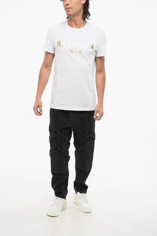 Solid Color Crew-neck T-Shirt with Golden Logo