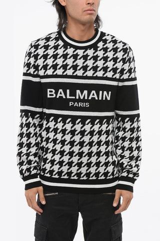 Houndstooth Motif Linen Blend Crewneck Sweater