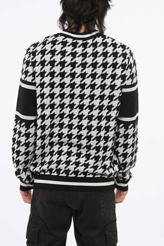 Houndstooth Motif Linen Blend Crewneck Sweater