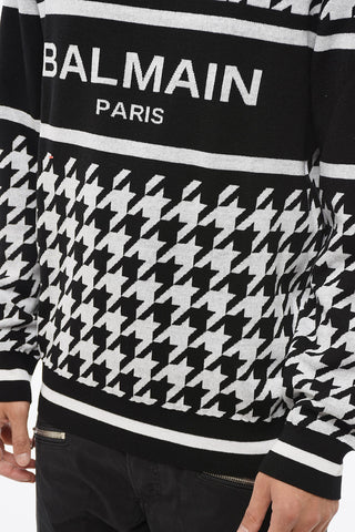 Houndstooth Motif Linen Blend Crewneck Sweater